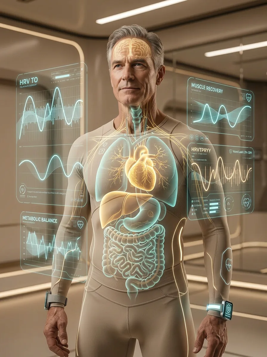 Clinician-reviewed heart, metabolic and recovery data overlaid on a member's body