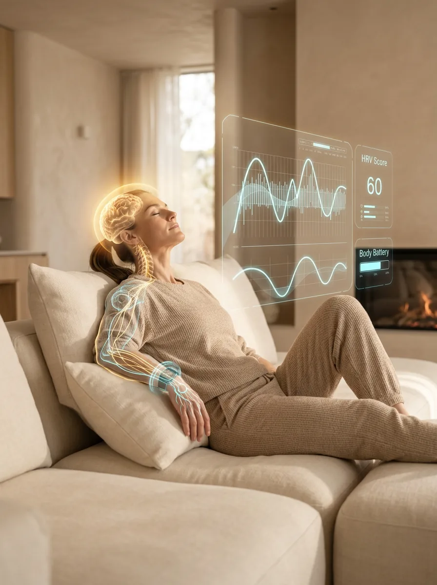 Member resting at home while HRV score and body battery readings display beside her