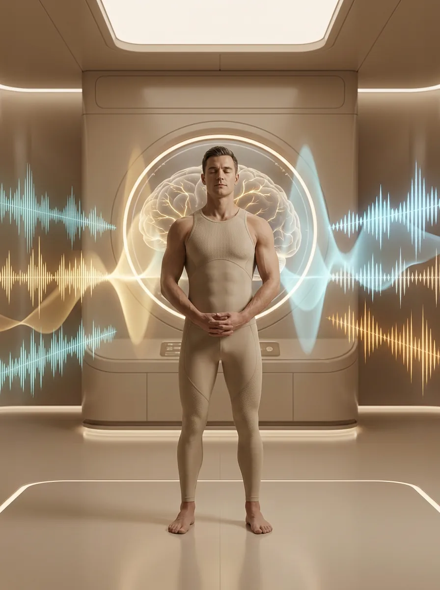 Member standing in a clinical scan suite as neural and biometric waveforms are captured