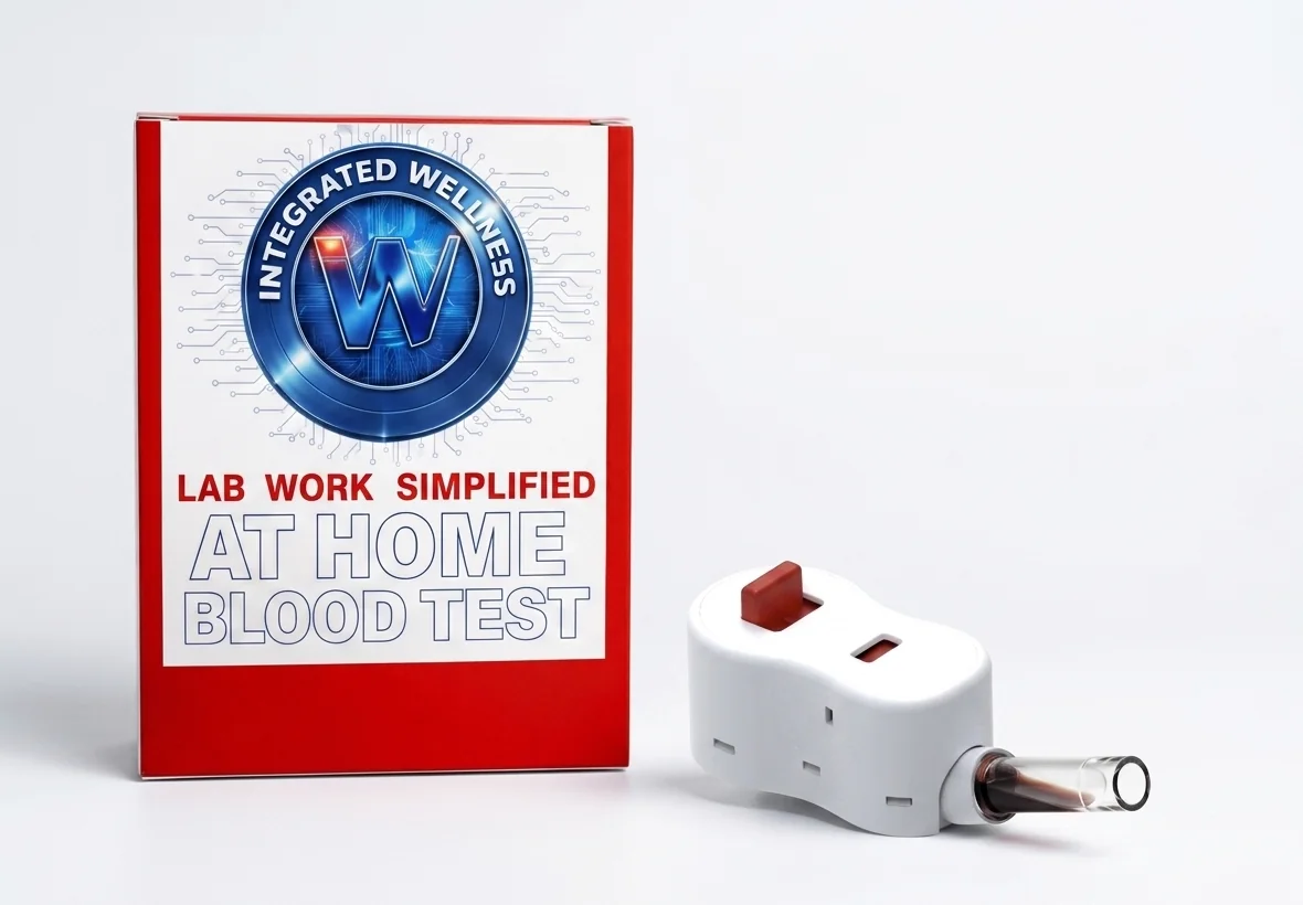Integrated Wellness at-home blood test kit box beside the RedDrop One collection device